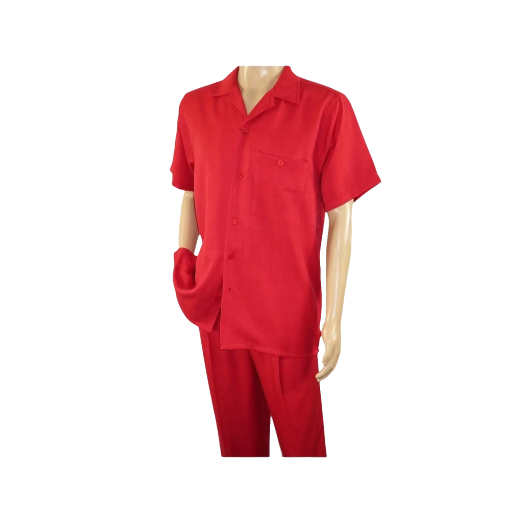 Men 2pc Walking Leisure Suit Short Sleeves By DREAMS 255 - 08 Solid Red - J.Valintin Men's Wear Legend - 95878