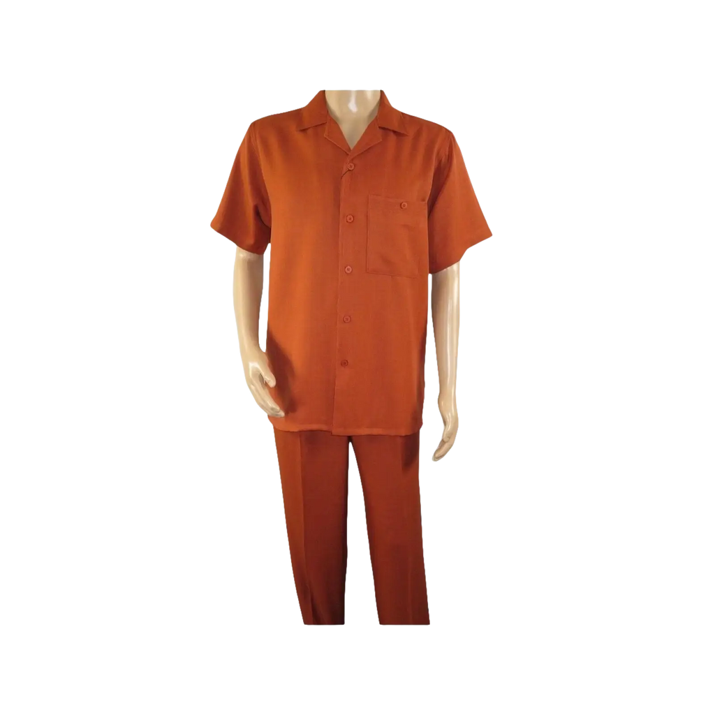 Men 2pc Walking Leisure Suit Short Sleeves By DREAMS 255 - 09 Solid Papaya - J.Valintin Men's Wear Legend - 96102