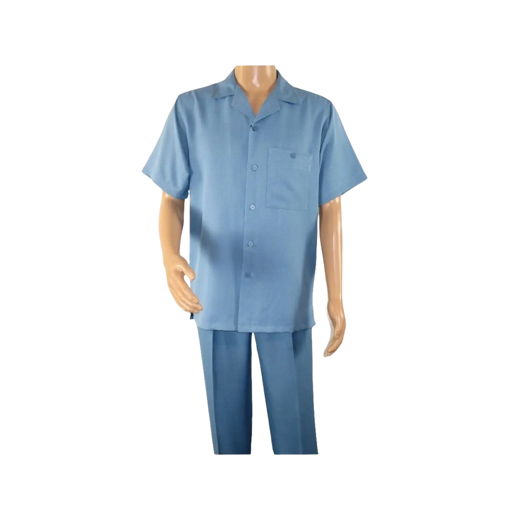 Men 2pc Walking Leisure Suit Short Sleeves By DREAMS 255 - 11 Solid Sky Blue - J.Valintin Men's Wear Legend - 96108