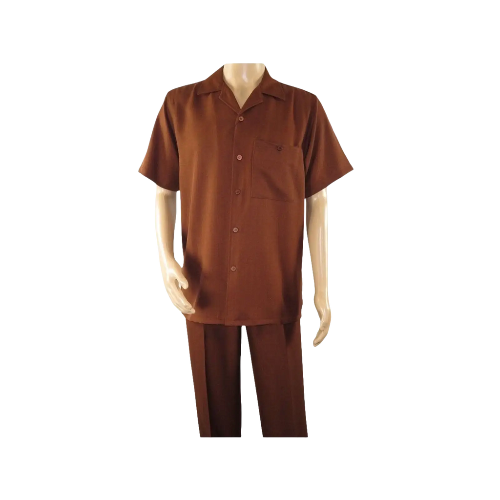 Men 2pc Walking Leisure Suit Short Sleeves By DREAMS 255 - 12 Solid Cognac - J.Valintin Men's Wear Legend - 95884