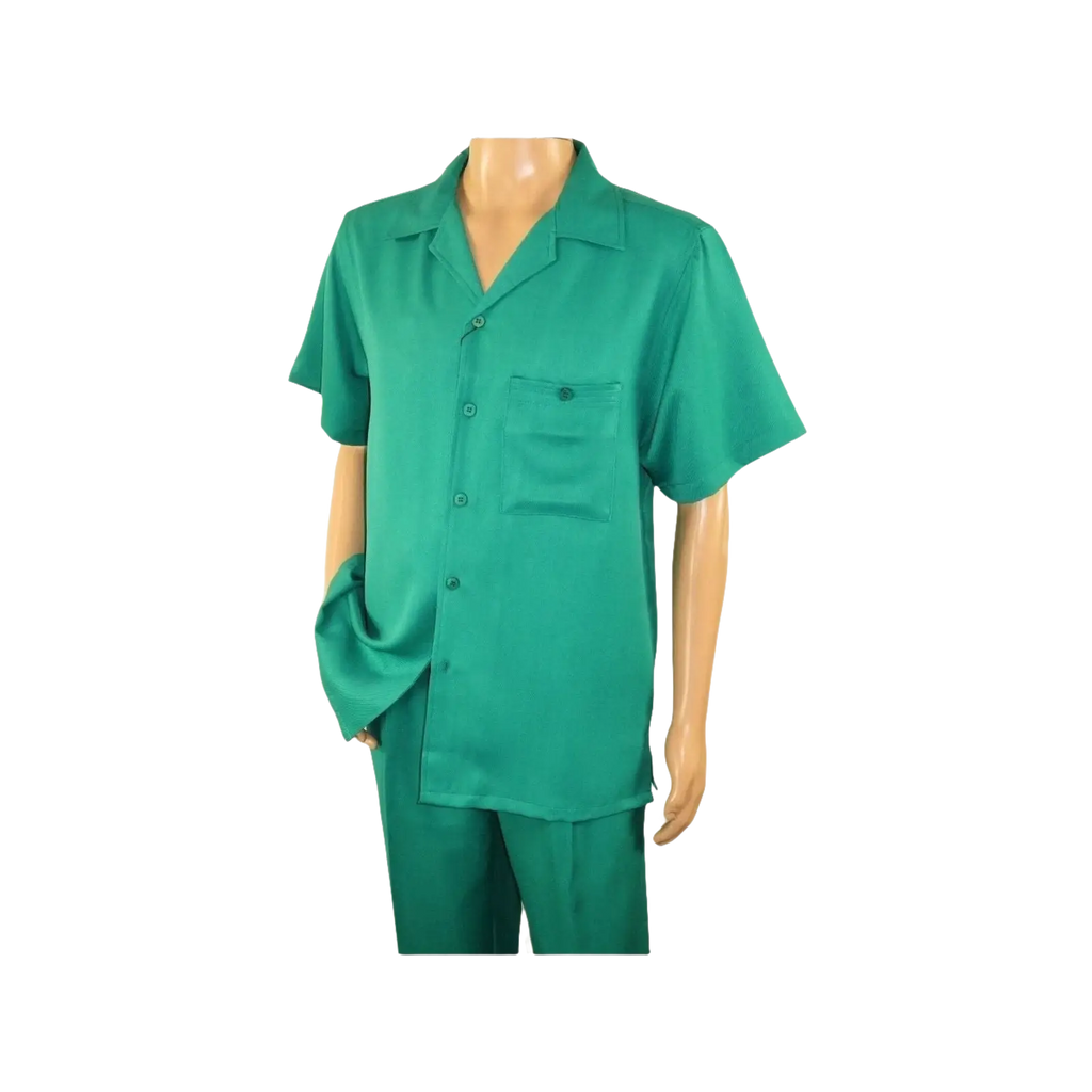 Men 2pc Walking Leisure Suit Short Sleeves By DREAMS 255 - 14 Solid Emerald green - J.Valintin Men's Wear Legend - 96114