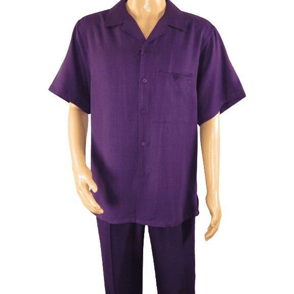 Men 2pc Walking Leisure Suit Short Sleeves By DREAMS 255 - 19 Solid Purple - J.Valintin Men's Wear Legend - 95896