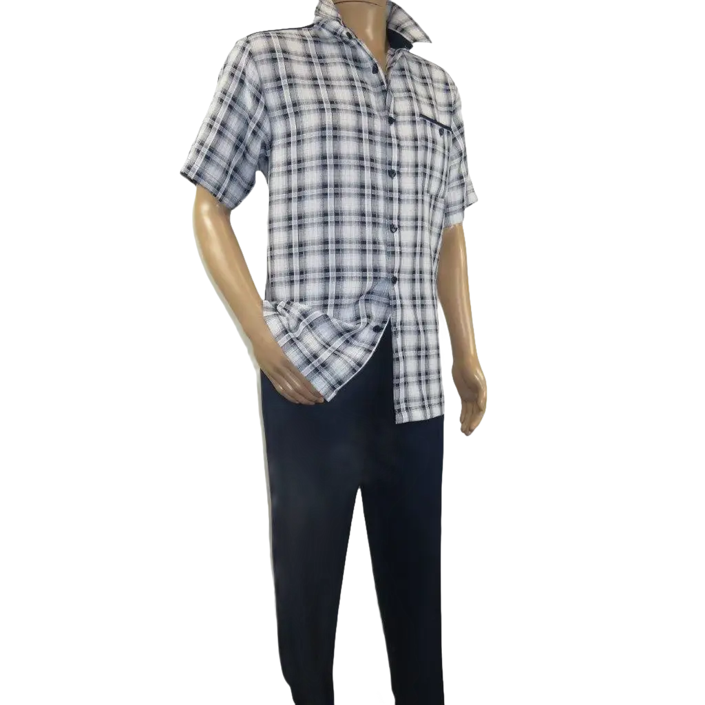 Men 2pc Walking Leisure Suit Short Sleeves By DREAMS Checker 282 - 00 Black White - J.Valintin Men's Wear Legend - 282 - 00 BW - M