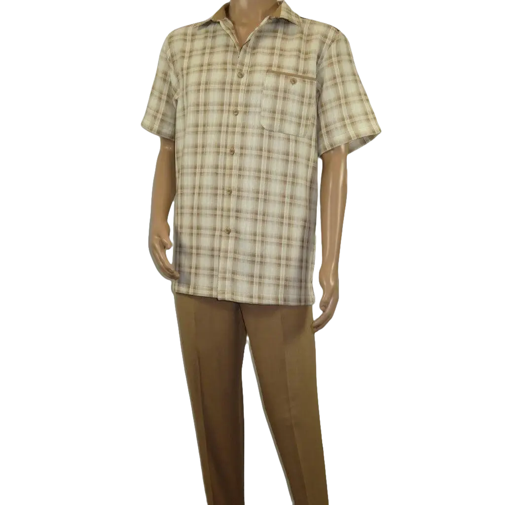 Men 2pc Walking Leisure Suit Short Sleeves By DREAMS Checker 282 - 03 Tan - J.Valintin Men's Wear Legend - 282 - 03 Tan - M