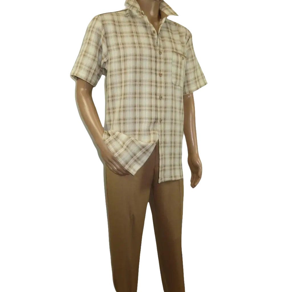 Men 2pc Walking Leisure Suit Short Sleeves By DREAMS Checker 282 - 03 Tan - J.Valintin Men's Wear Legend - 282 - 03 Tan - M