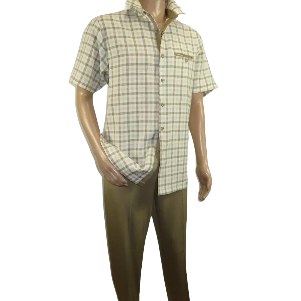 Men 2pc Walking Leisure Suit Short Sleeves By DREAMS Checker 283 - 03 Tan - J.Valintin Men's Wear Legend - 283 - 03 Tan - M