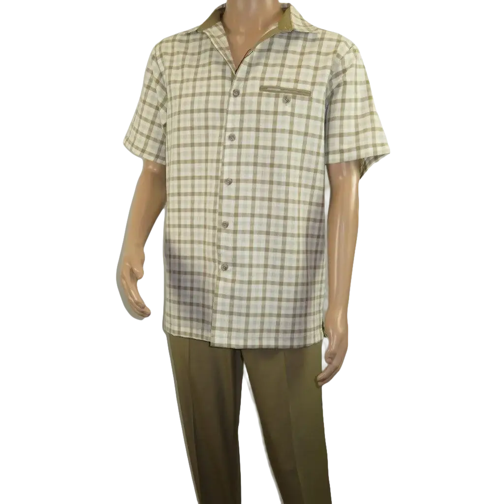 Men 2pc Walking Leisure Suit Short Sleeves By DREAMS Checker 283 - 03 Tan - J.Valintin Men's Wear Legend - 283 - 03 Tan - M
