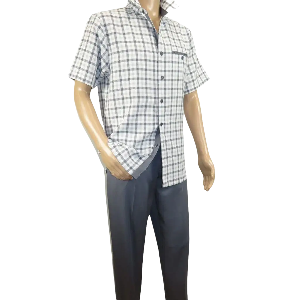 Men 2pc Walking Leisure Suit Short Sleeves By DREAMS Checker 283 - 10 Gray - J.Valintin Men's Wear Legend - 283 - 10 Gray - M