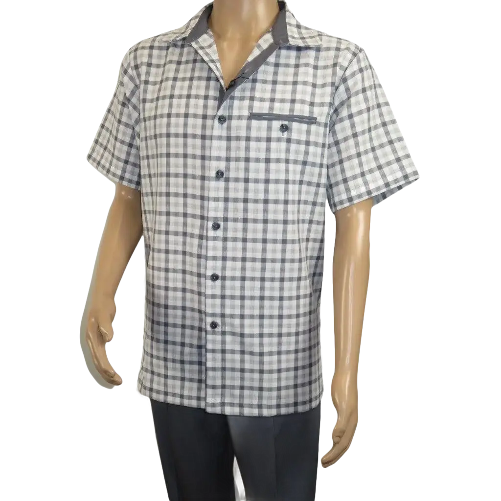 Men 2pc Walking Leisure Suit Short Sleeves By DREAMS Checker 283 - 10 Gray - J.Valintin Men's Wear Legend - 283 - 10 Gray - M