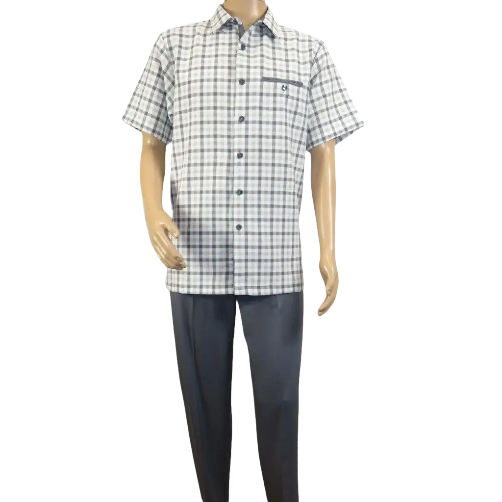 Men 2pc Walking Leisure Suit Short Sleeves By DREAMS Checker 283 - 10 Gray - J.Valintin Men's Wear Legend - 283 - 10 Gray - M