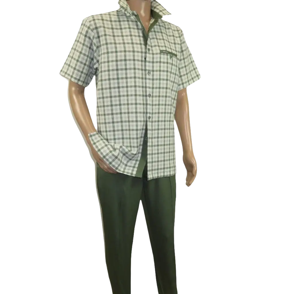 Men 2pc Walking Leisure Suit Short Sleeves By DREAMS Fancy 283 - 04 Sage Green - J.Valintin Men's Wear Legend - 283 - 04 Sage - M