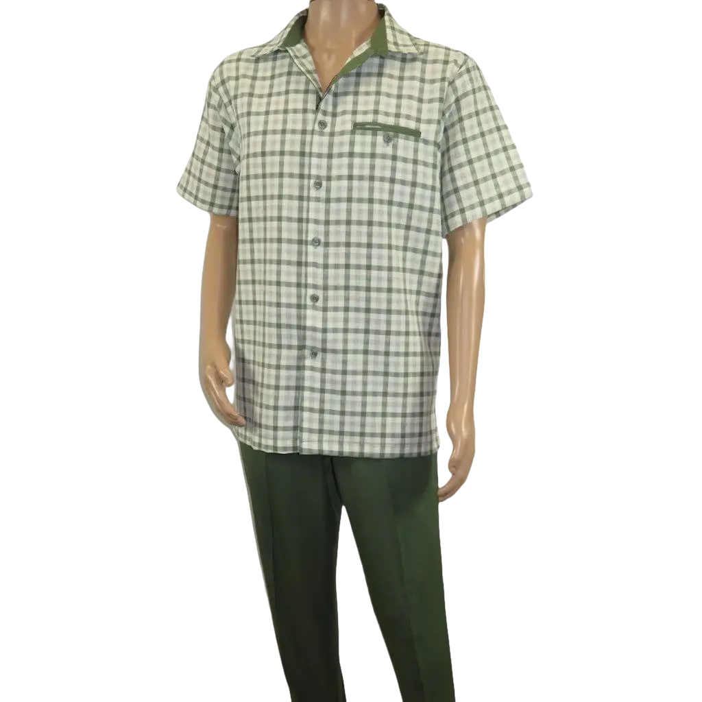 Men 2pc Walking Leisure Suit Short Sleeves By DREAMS Fancy 283 - 04 Sage Green - J.Valintin Men's Wear Legend - 283 - 04 Sage - M
