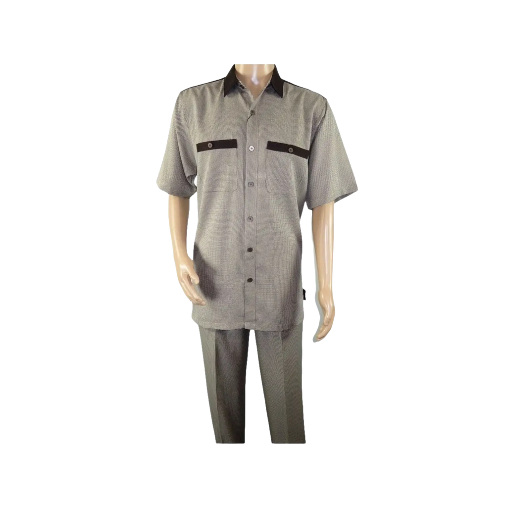 Men 2pc Walking Leisure Suit Short Sleeves DREAMS 263 - 12 Brown Tan Salt Pepper - J.Valintin Men's Wear Legend - 96122