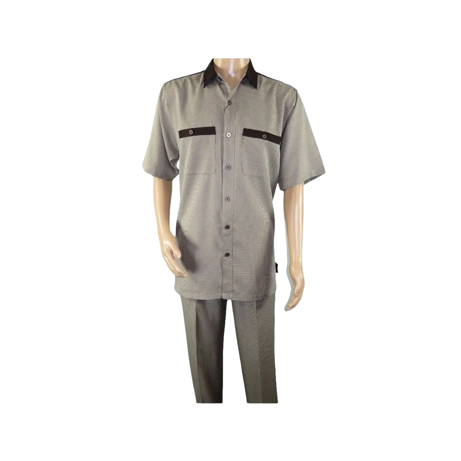 Men 2pc Walking Leisure Suit Short Sleeves DREAMS 263 - 12 Brown Tan Salt Pepper - J.Valintin Men's Wear Legend - 96122
