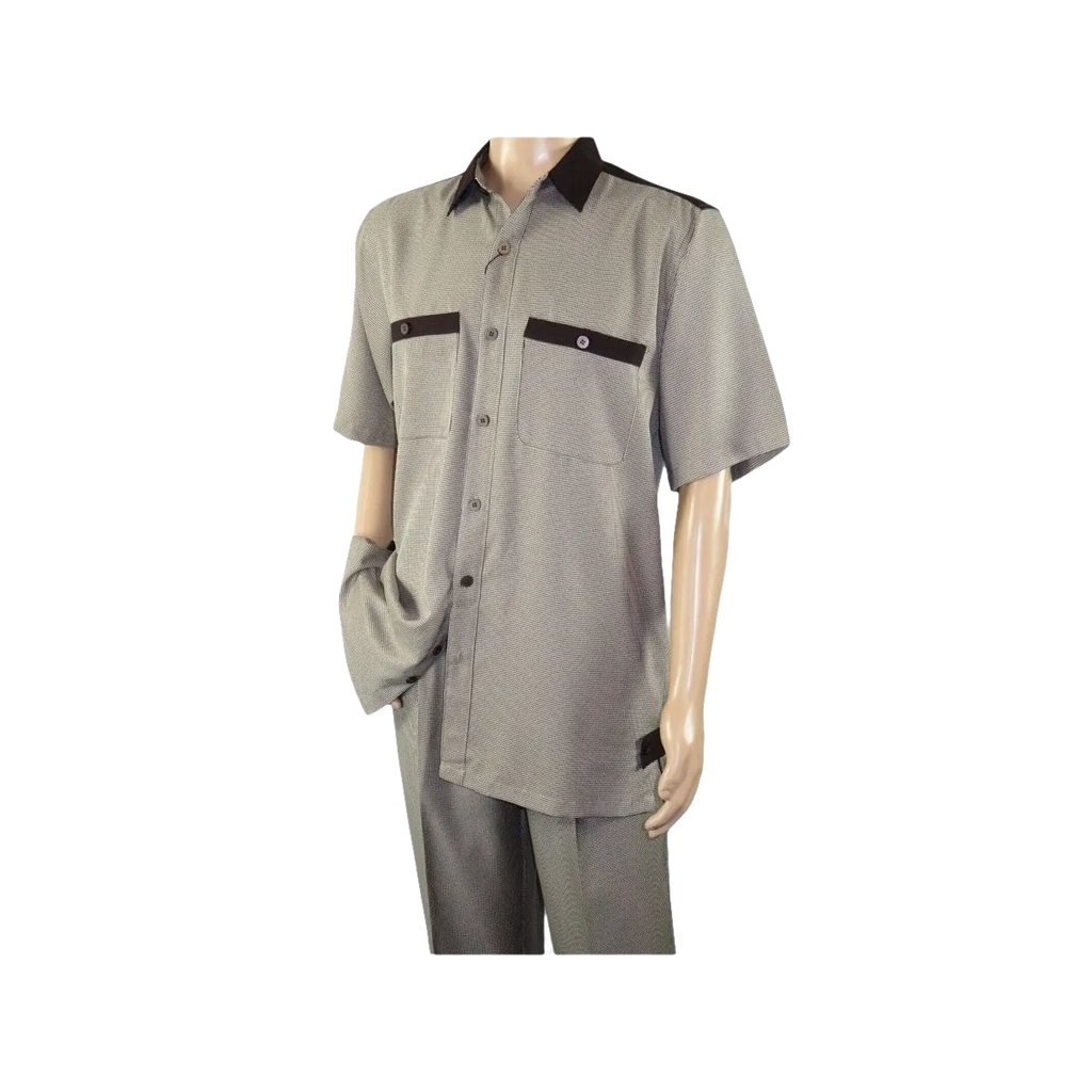 Men 2pc Walking Leisure Suit Short Sleeves DREAMS 263 - 12 Brown Tan Salt Pepper - J.Valintin Men's Wear Legend - 96122