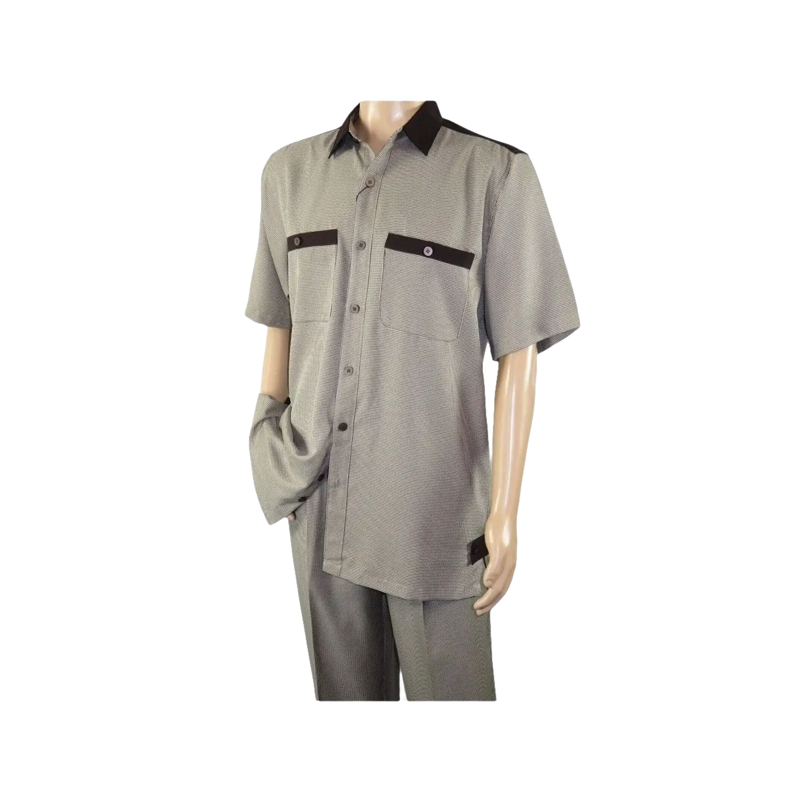 Men 2pc Walking Leisure Suit Short Sleeves DREAMS 263 - 12 Brown Tan Salt Pepper - J.Valintin Men's Wear Legend - 96122