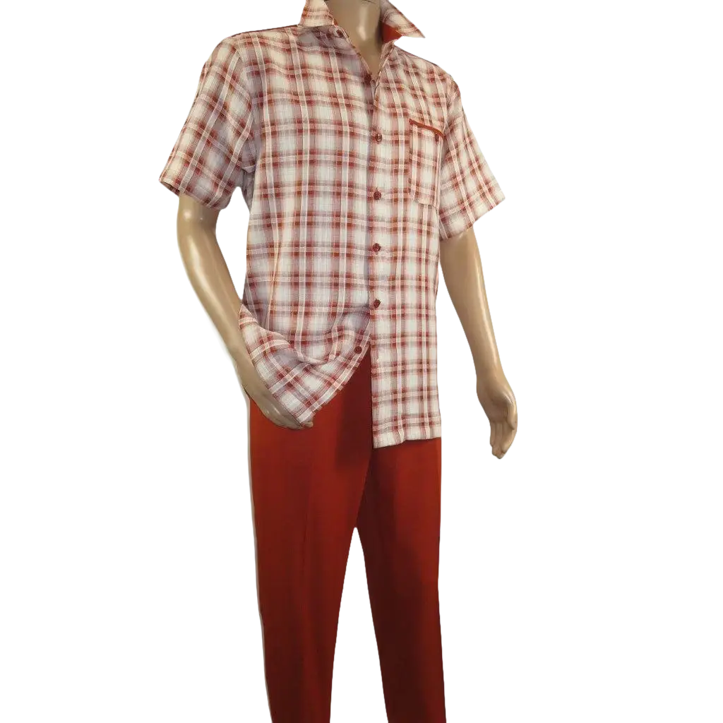 Men 2pc Walking Leisure Suit Short Sleeves DREAMS Checker 282 - 09 Papaya Rust - J.Valintin Men's Wear Legend - 282 - 09 Papaya - M