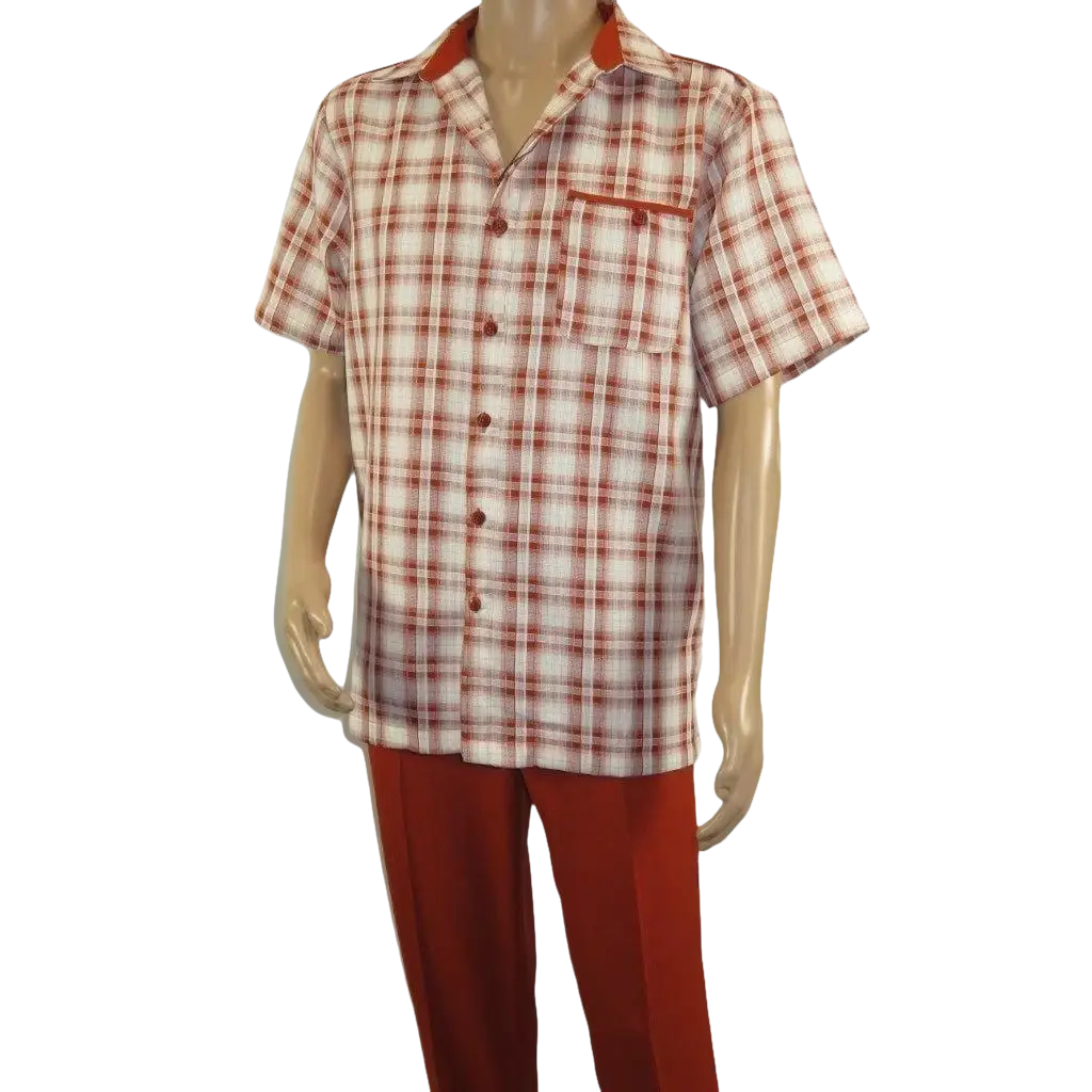 Men 2pc Walking Leisure Suit Short Sleeves DREAMS Checker 282 - 09 Papaya Rust - J.Valintin Men's Wear Legend - 282 - 09 Papaya - M