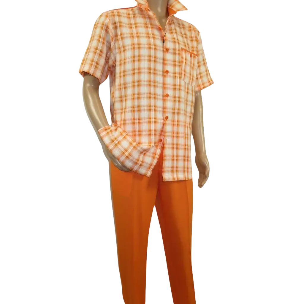 Men 2pc Walking Leisure Suit Short Sleeves DREAMS Checker 282 - 18 Orange - J.Valintin Men's Wear Legend - 282 - 18 Orange - M