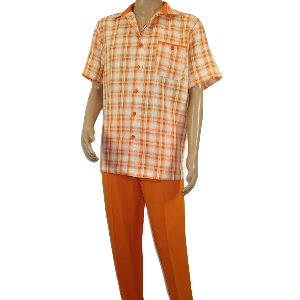 Men 2pc Walking Leisure Suit Short Sleeves DREAMS Checker 282 - 18 Orange - J.Valintin Men's Wear Legend - 282 - 18 Orange - M
