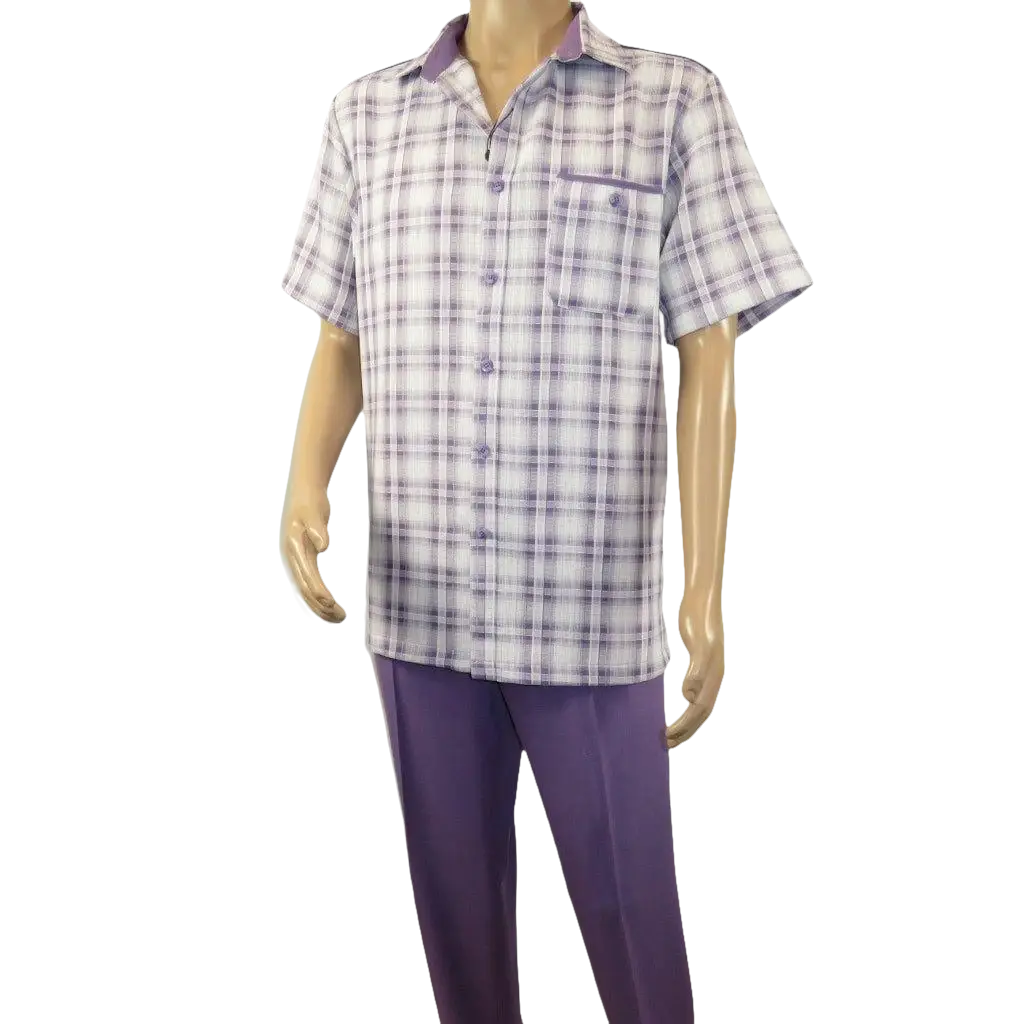 Men 2pc Walking Leisure Suit Short Sleeves DREAMS Checker 282 - 19 Lavender - J.Valintin Men's Wear Legend - 282 - 19 Lavender - M