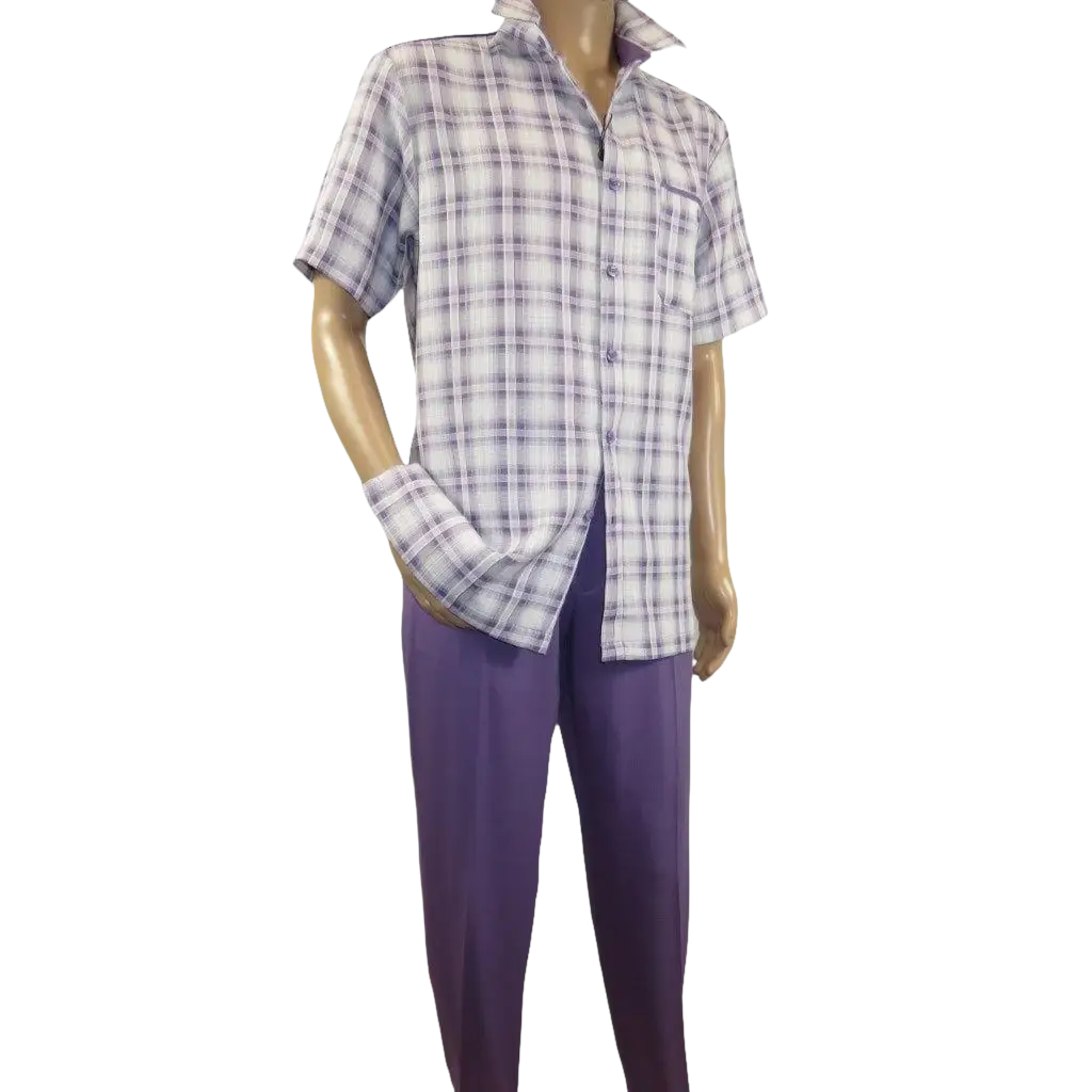 Men 2pc Walking Leisure Suit Short Sleeves DREAMS Checker 282 - 19 Lavender - J.Valintin Men's Wear Legend - 282 - 19 Lavender - M