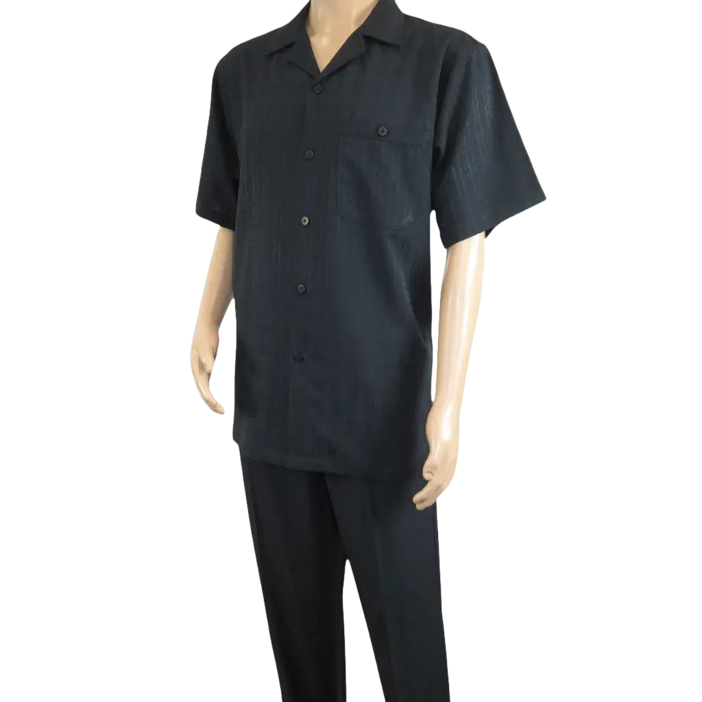 Men 2pc Walking Leisure Suit Short Sleeves DREAMS Plaid Satin 253 - 00 Black - J.Valintin Men's Wear Legend - 253 - 00 Black - M