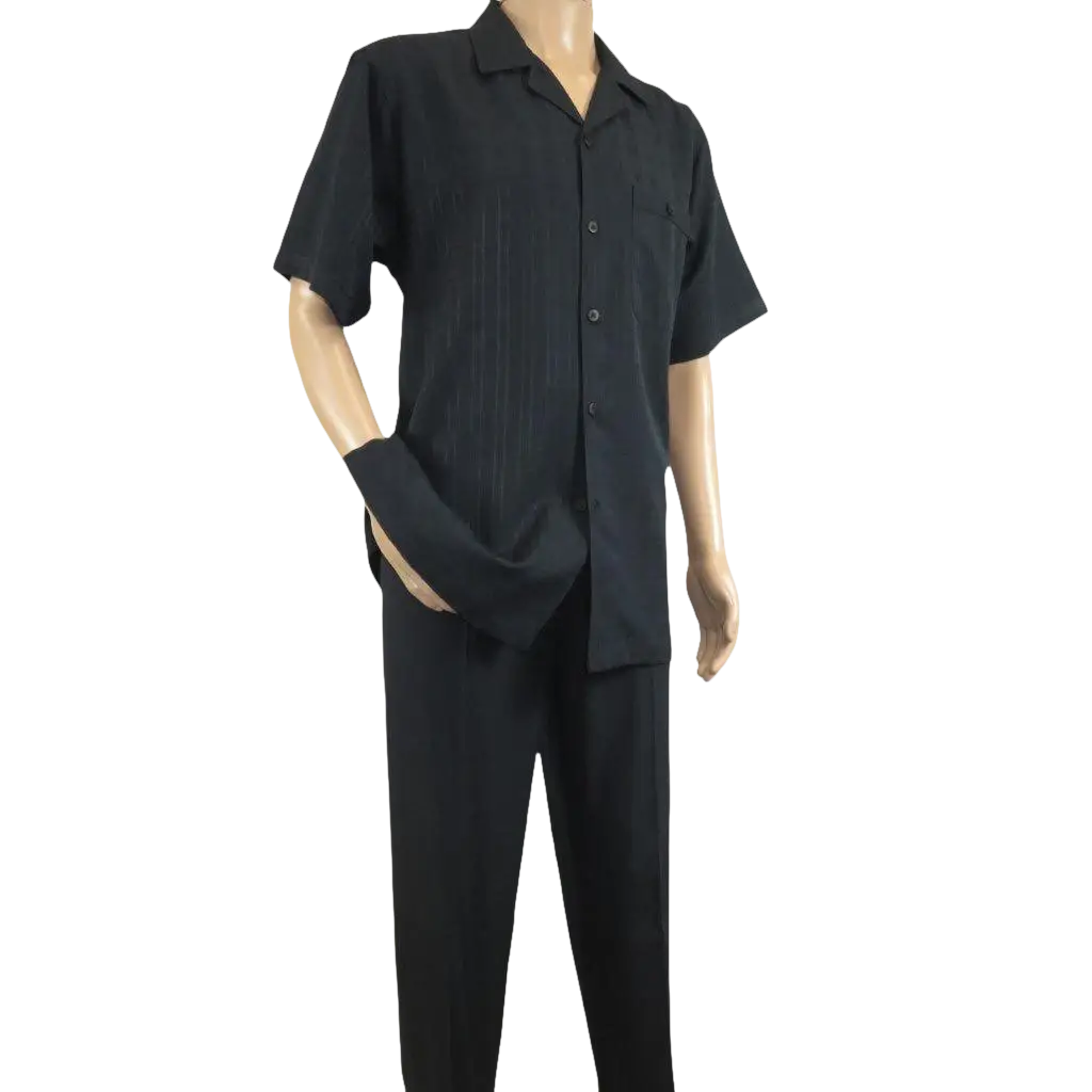 Men 2pc Walking Leisure Suit Short Sleeves DREAMS Plaid Satin 253 - 00 Black - J.Valintin Men's Wear Legend - 253 - 00 Black - M