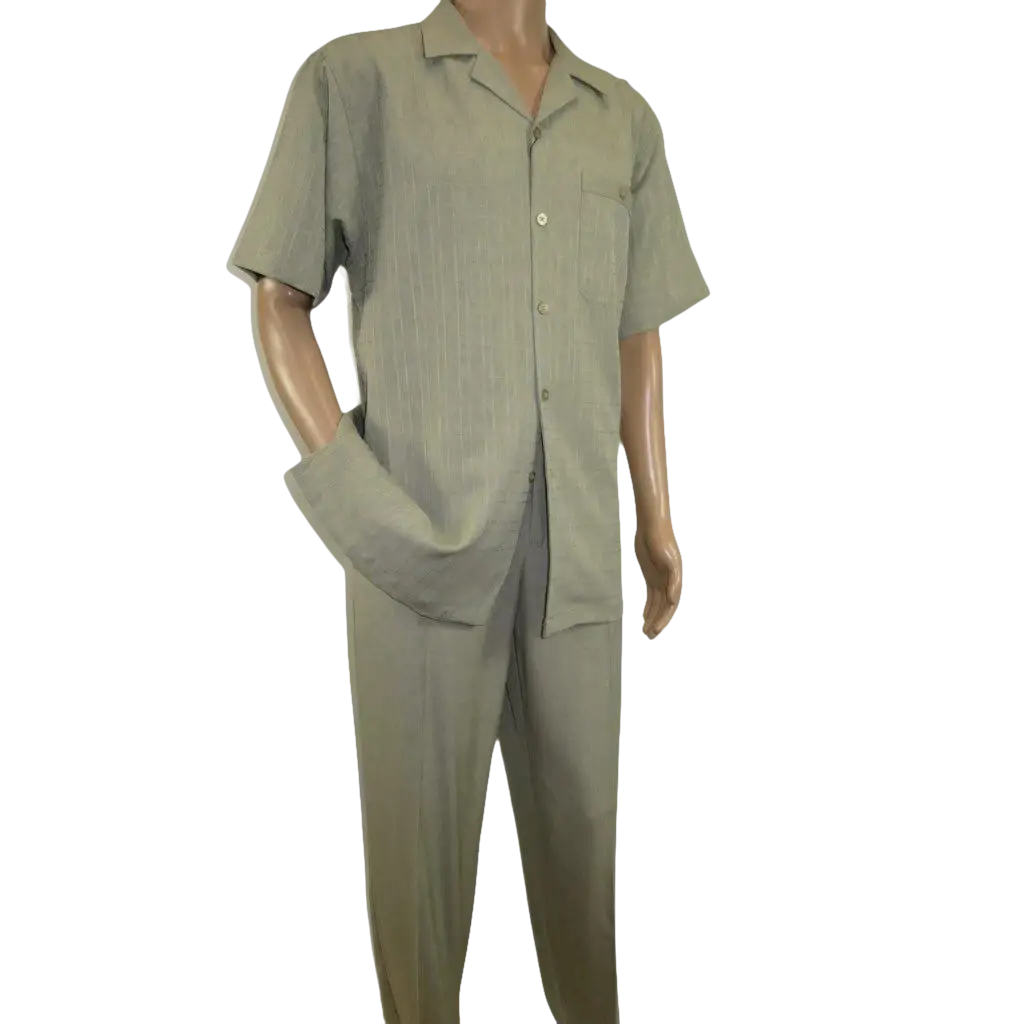 Men 2pc Walking Leisure Suit Short Sleeves DREAMS Plaid Satin 253 - 04 Sage Green - J.Valintin Men's Wear Legend - 253 - 04 Sage - M