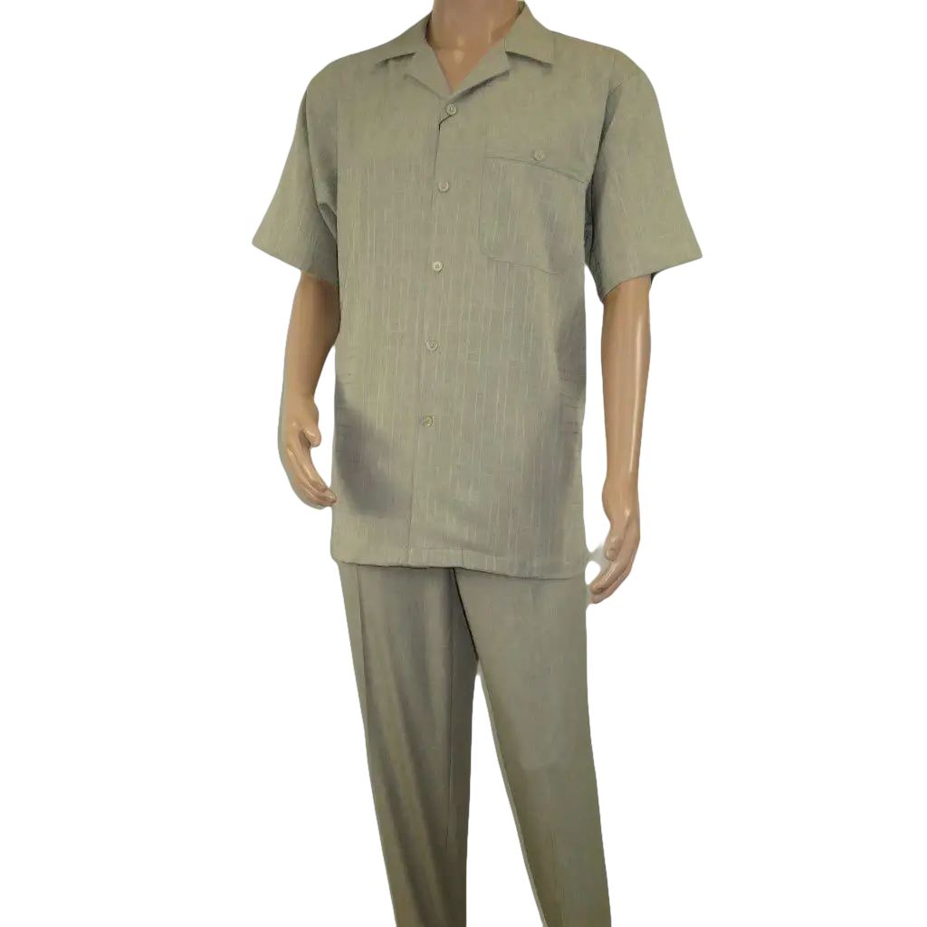 Men 2pc Walking Leisure Suit Short Sleeves DREAMS Plaid Satin 253 - 04 Sage Green - J.Valintin Men's Wear Legend - 253 - 04 Sage - M
