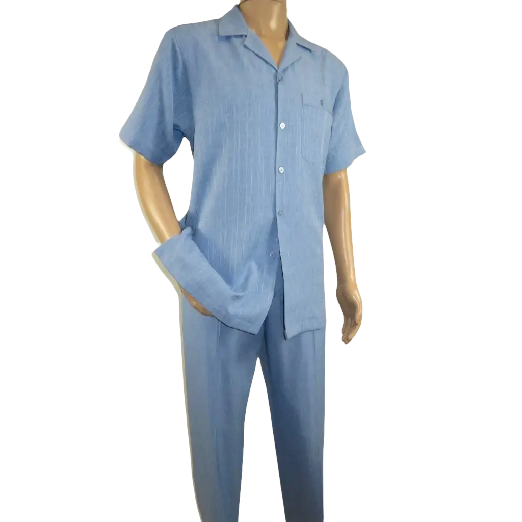 Men 2pc Walking Leisure Suit Short Sleeves DREAMS Plaid Satin 253 - 11 Ocean Blue - J.Valintin Men's Wear Legend - 253 - 11 Ocean - M