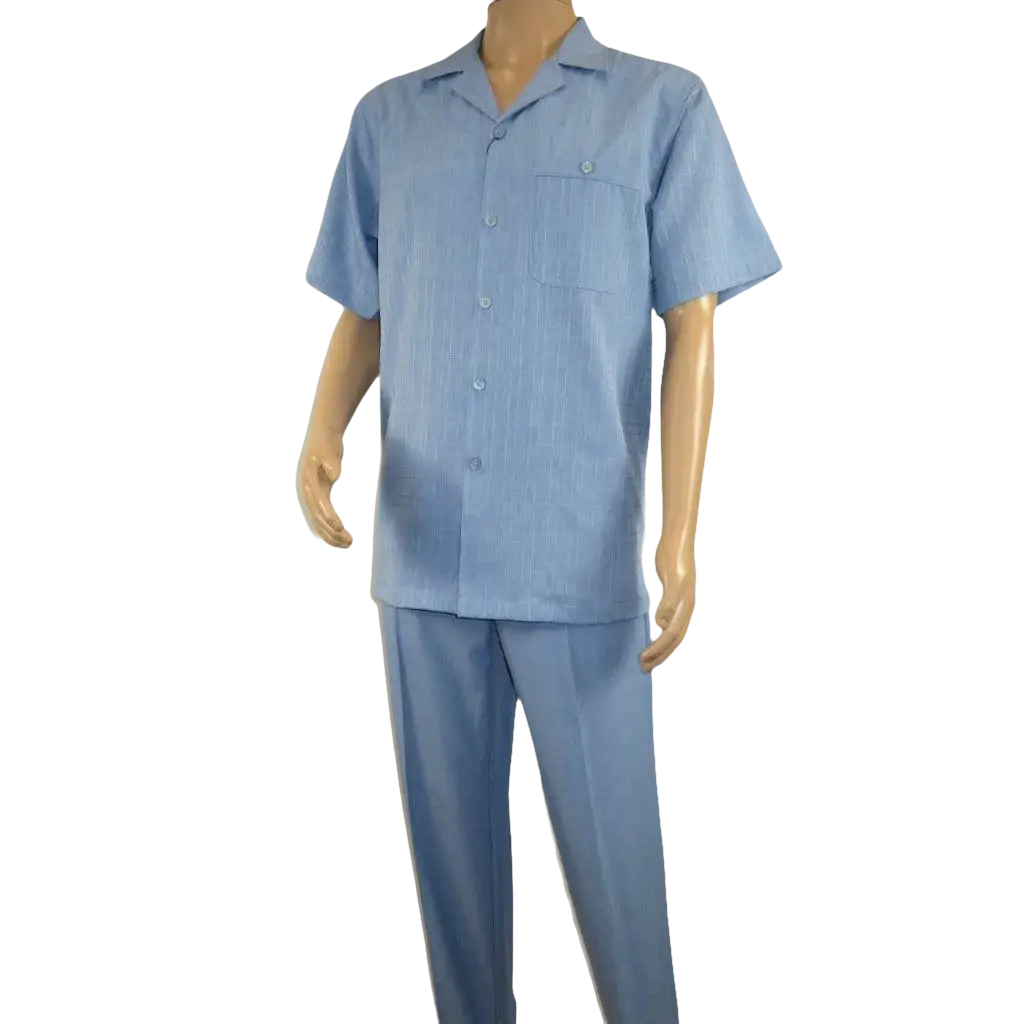Men 2pc Walking Leisure Suit Short Sleeves DREAMS Plaid Satin 253 - 11 Ocean Blue - J.Valintin Men's Wear Legend - 253 - 11 Ocean - M