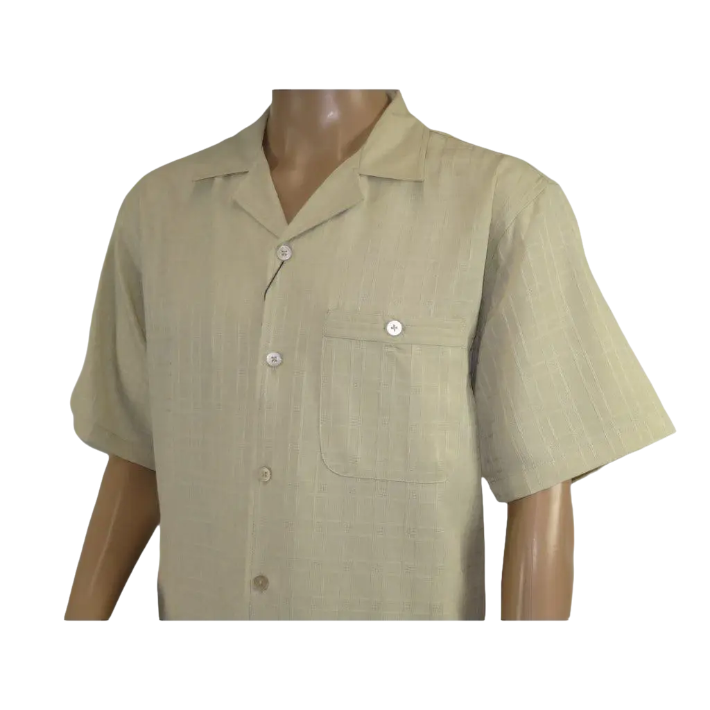 Men 2pc Walking Leisure Suit Short Sleeves DREAMS Plaid Satin 253 - 13 Sand - J.Valintin Men's Wear Legend - 253 - 13 Sand - M