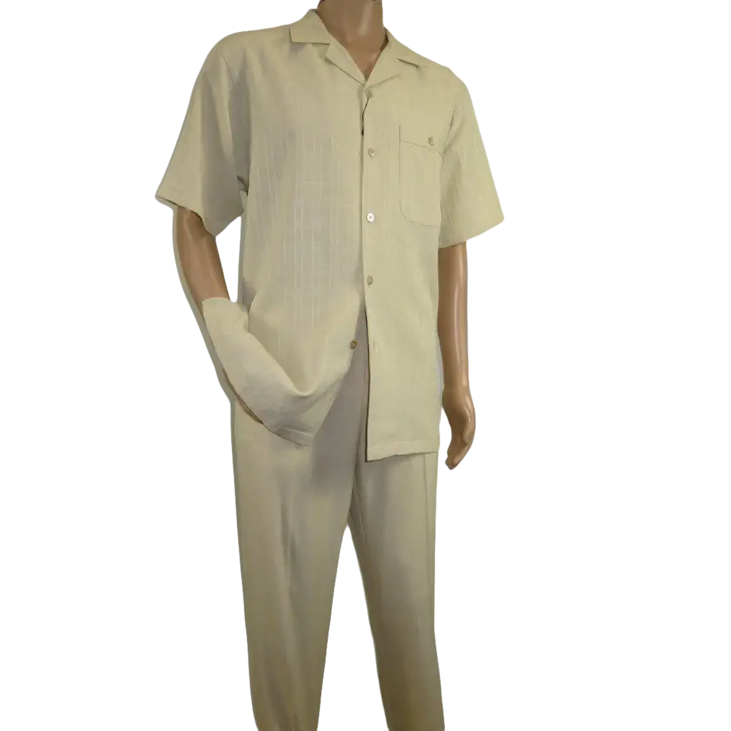 Men 2pc Walking Leisure Suit Short Sleeves DREAMS Plaid Satin 253 - 13 Sand - J.Valintin Men's Wear Legend - 253 - 13 Sand - M