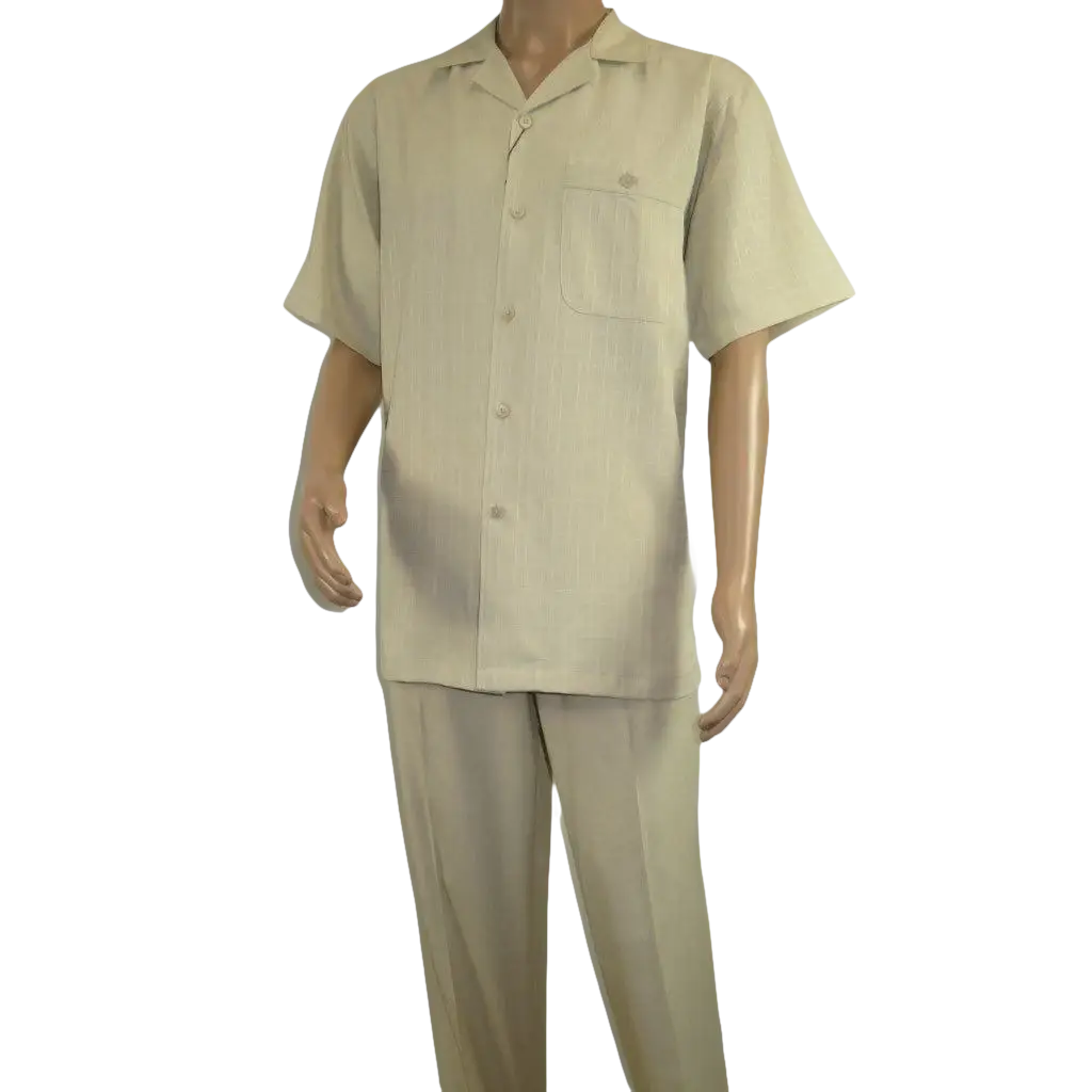Men 2pc Walking Leisure Suit Short Sleeves DREAMS Plaid Satin 253 - 13 Sand - J.Valintin Men's Wear Legend - 253 - 13 Sand - M