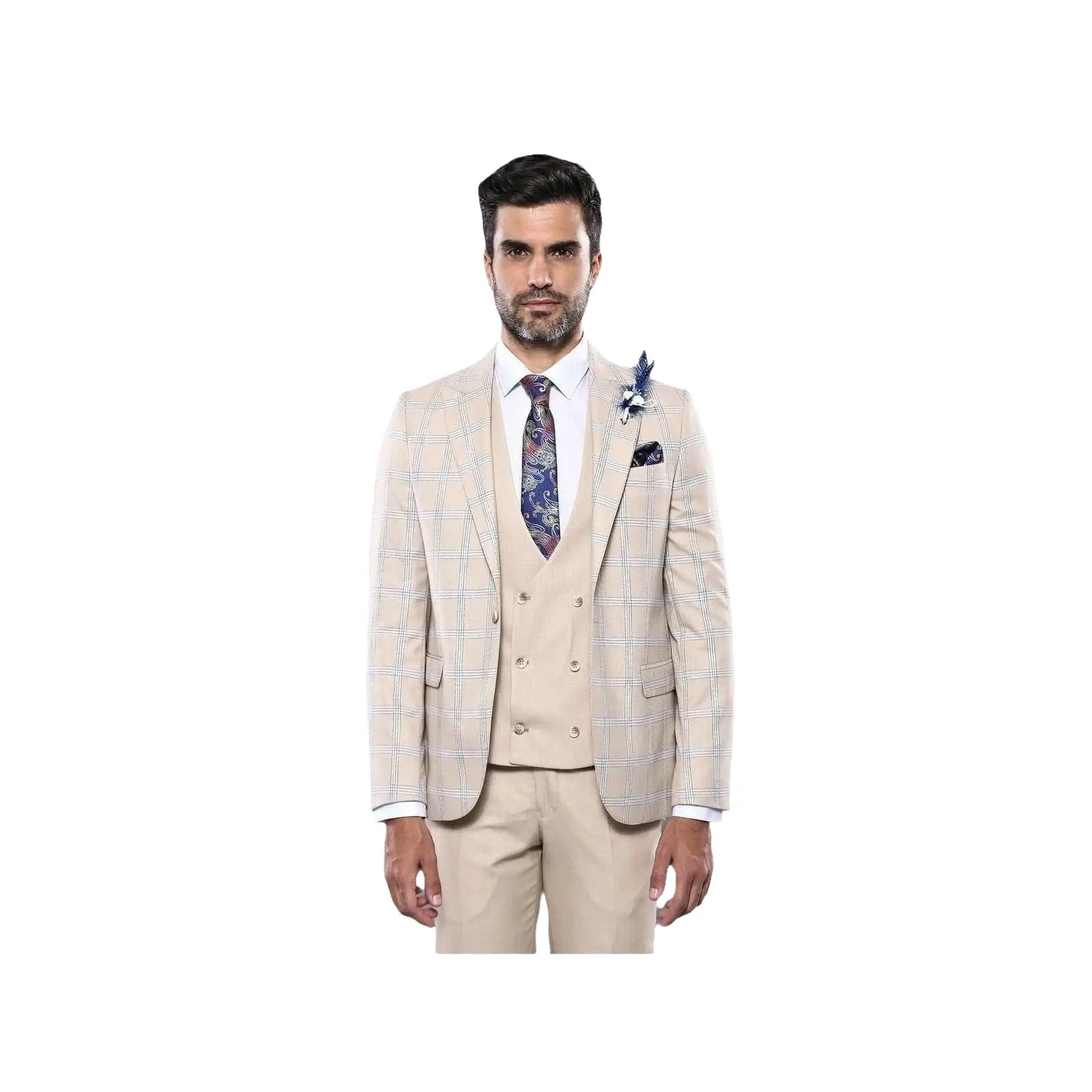 Men 3pc European Vested Suit WESSI by J.VALINTIN Extra Slim Fit JV31 Beige plaid - J.Valintin Men's Wear Legend - 16866