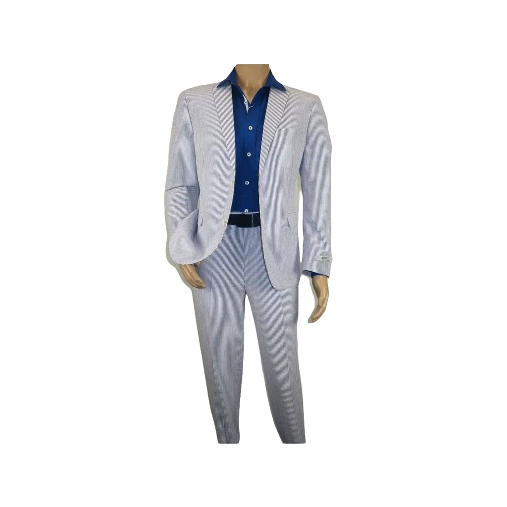 Men ADOLFO Seersucker Suit Stripe Casual Dressy Summer Suit 2 Button C622 Blue - J.Valintin Men's Wear Legend - 108748