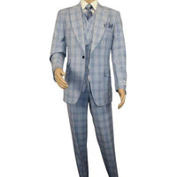 Men Apollo King 3pc Suit Window Pane Plaid 100% Soft Wool Super 150 #985 - 12 Blue - J.Valintin Men's Wear Legend - 99457