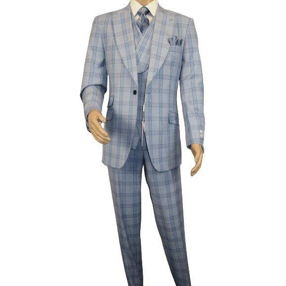 Men Apollo King 3pc Suit Window Pane Plaid 100% Soft Wool Super 150 #985 - 12 Blue - J.Valintin Men's Wear Legend - 99457