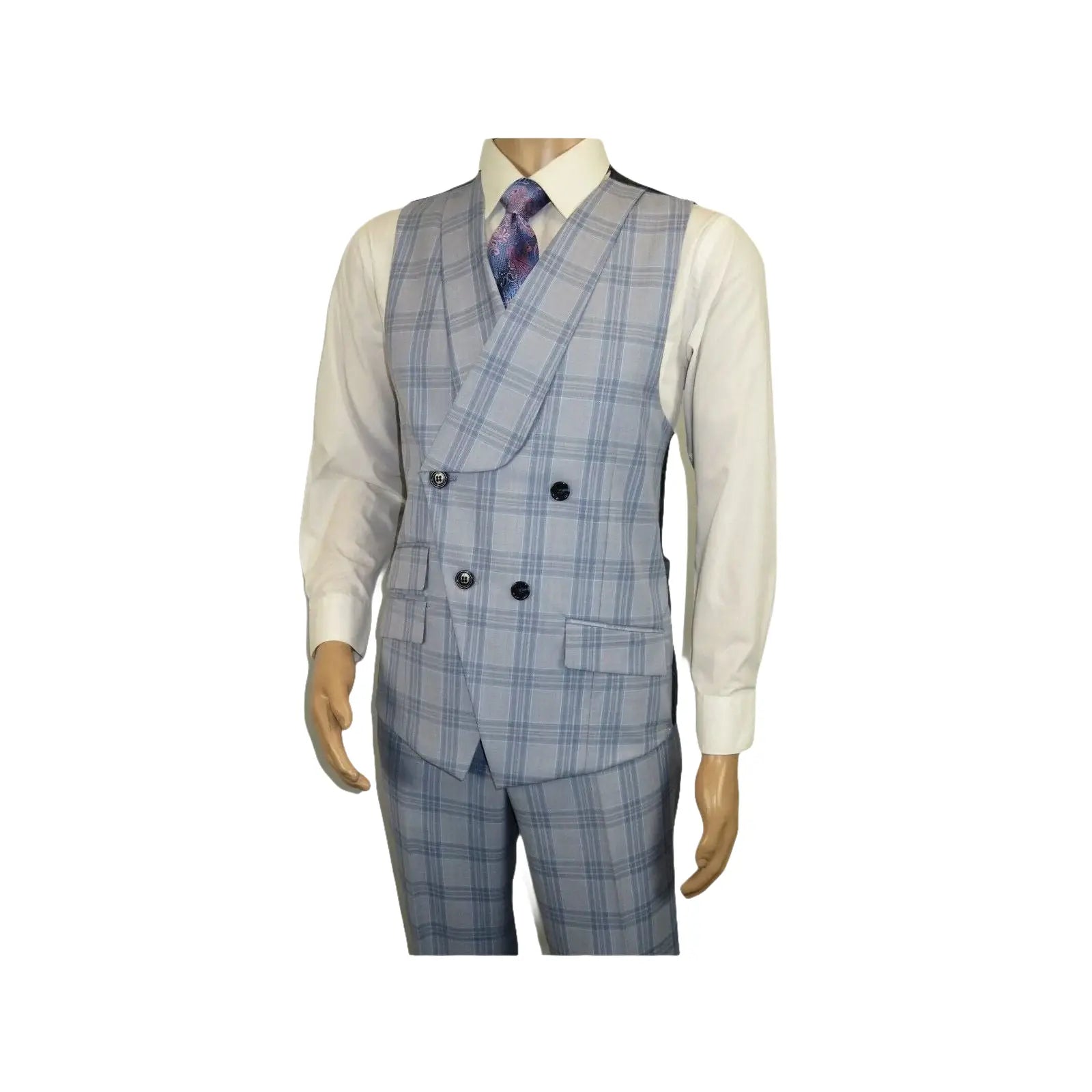 Men Apollo King 3pc Suit Window Pane Plaid 100% Soft Wool Super 150 #985 - 12 Blue - J.Valintin Men's Wear Legend - 99457
