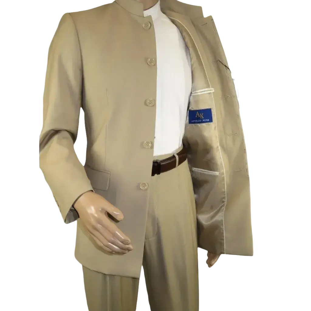 Men Apollo King Band Collarless Church Suit Mandarin 5 Hidden Buttons AG57 Tan - J.Valintin Men's Wear Legend - AG57 - Tan - 38R