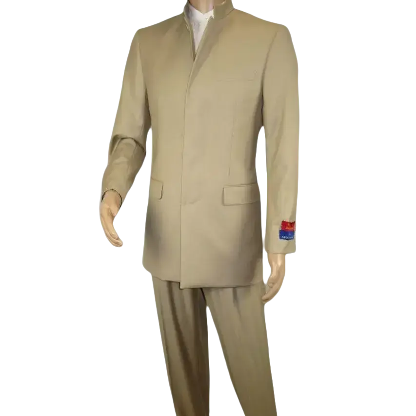 Men Apollo King Band Collarless Church Suit Mandarin 5 Hidden Buttons AG57 Tan - J.Valintin Men's Wear Legend - AG57 - Tan - 38R