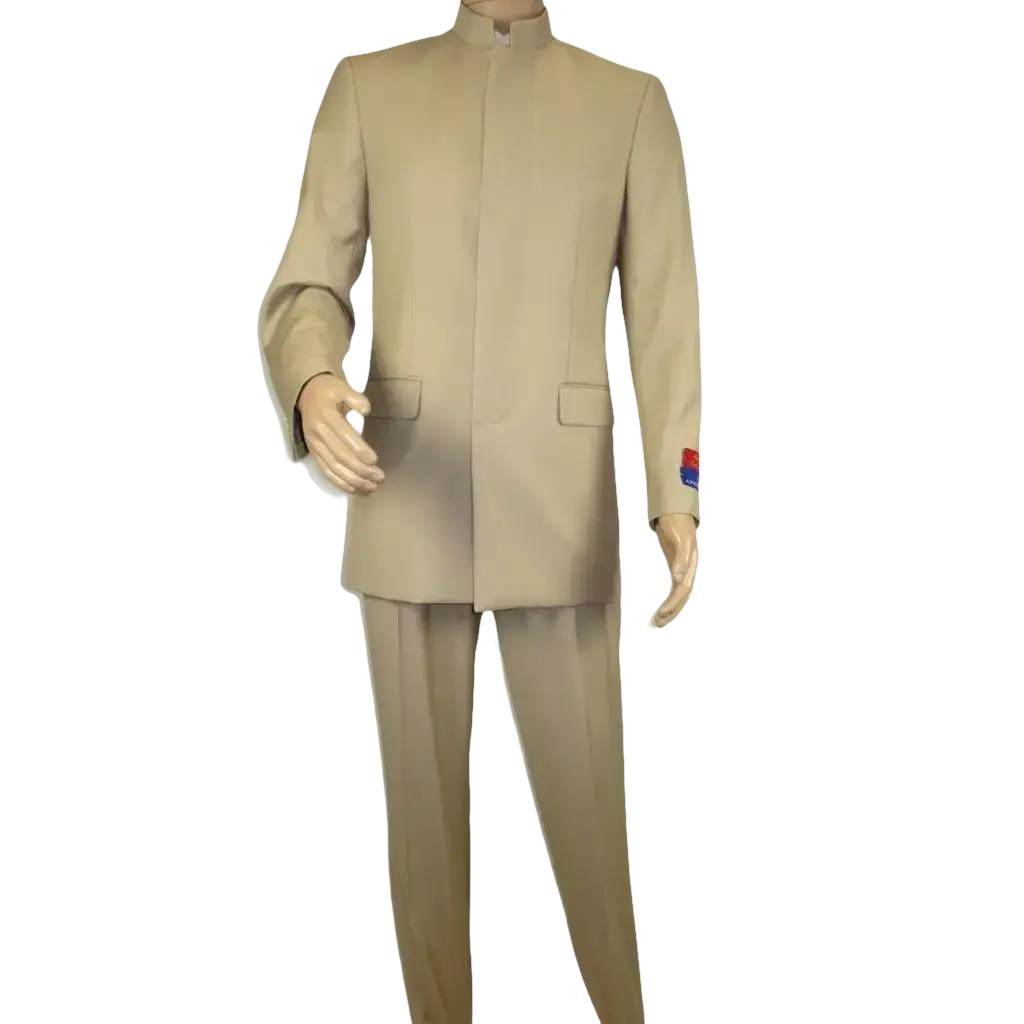 Men Apollo King Band Collarless Church Suit Mandarin 5 Hidden Buttons AG57 Tan - J.Valintin Men's Wear Legend - AG57 - Tan - 38R