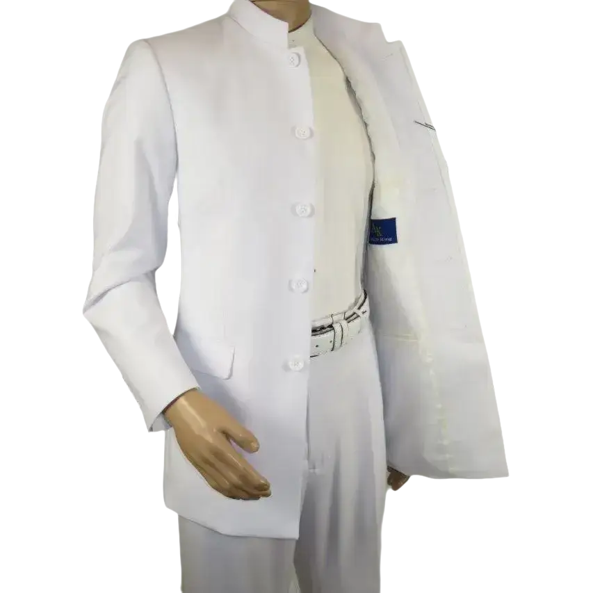 Men Apollo King Band Collarless Church Suit Mandarin 5 Hidden Buttons AG58 White - J.Valintin Men's Wear Legend - AG58 - White - 38R