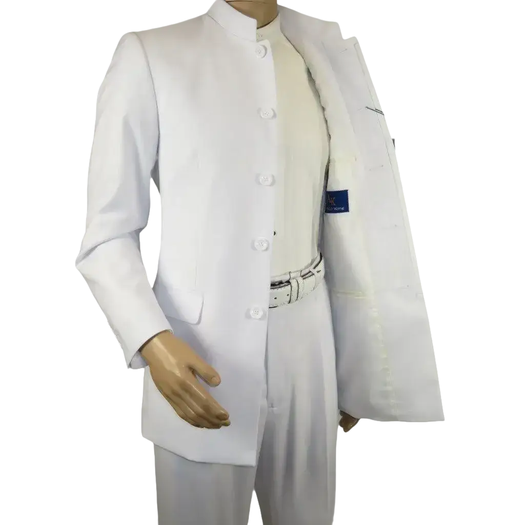 Men Apollo King Band Collarless Church Suit Mandarin 5 Hidden Buttons AG58 White - J.Valintin Men's Wear Legend - AG58 - White - 38R