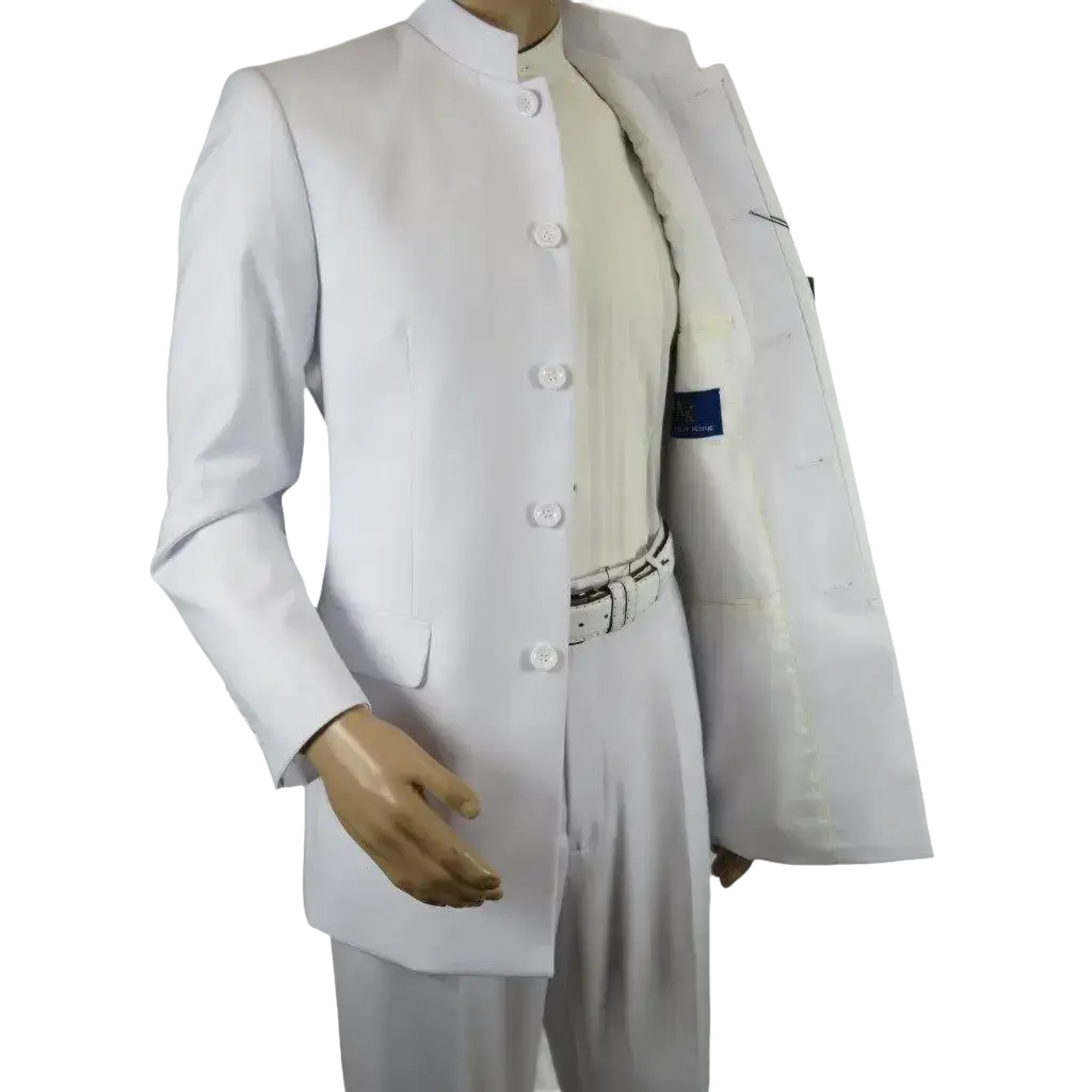 Men Apollo King Band Collarless Church Suit Mandarin 5 Hidden Buttons AG58 White - J.Valintin Men's Wear Legend - AG58 - White - 38R
