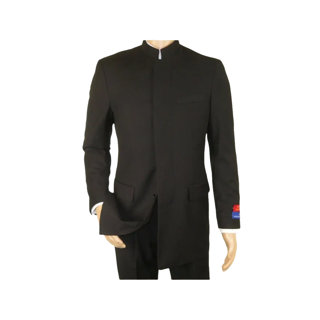 Men Apollo King Band Collarless suit Mandarin 5 Hidden Button Paster AG51 Black - J.Valintin Men's Wear Legend - 80281