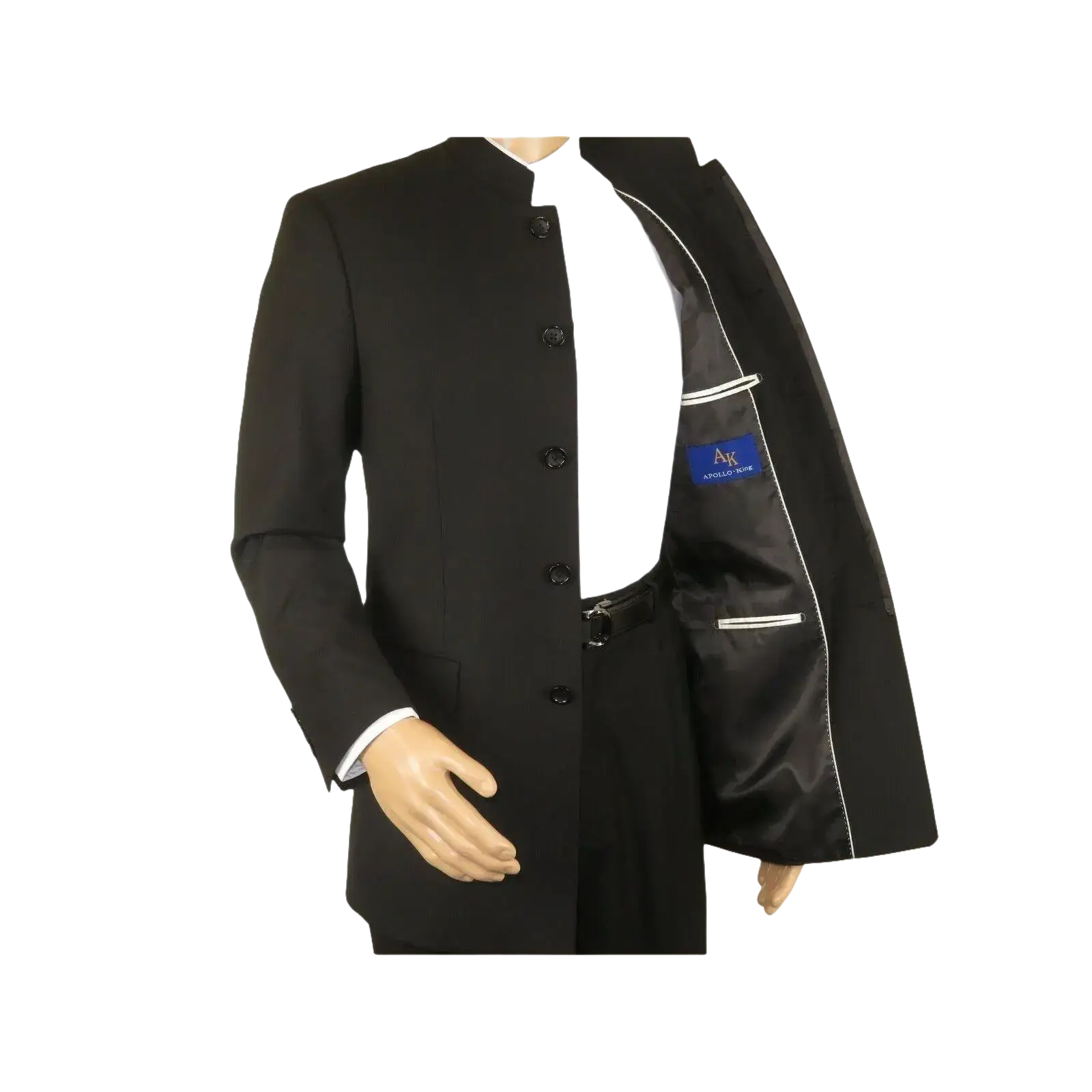 Men Apollo King Band Collarless suit Mandarin 5 Hidden Button Paster AG51 Black - J.Valintin Men's Wear Legend - 80281