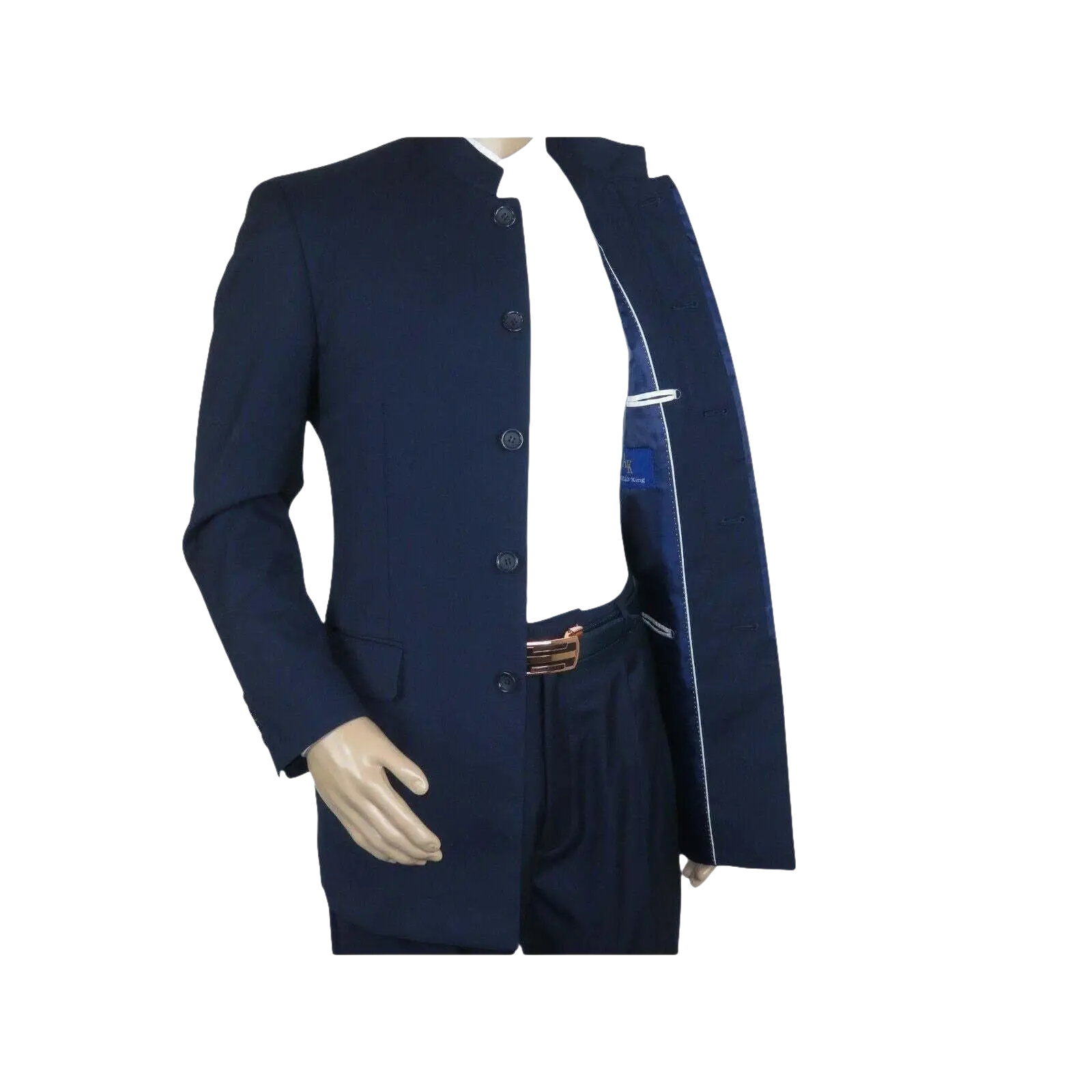 Men Apollo King Banded Collarless suit Mandarin 5 Hidden Button Panel AG52 Navy - J.Valintin Men's Wear Legend - 21764