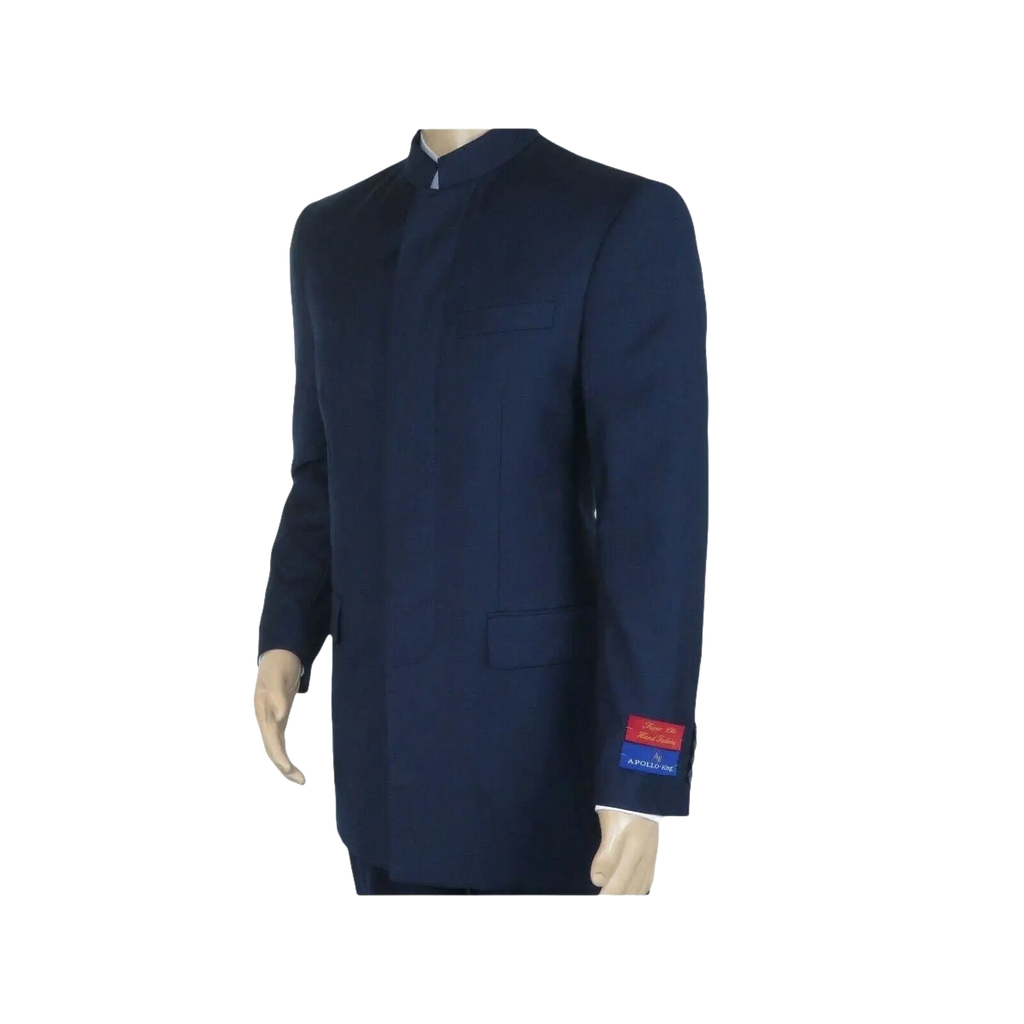 Men Apollo King Banded Collarless suit Mandarin 5 Hidden Button Panel AG52 Navy - J.Valintin Men's Wear Legend - 21764